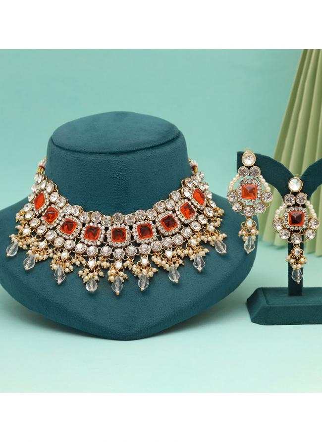   Wedding Wear  Orange Color Kundan Necklace Set